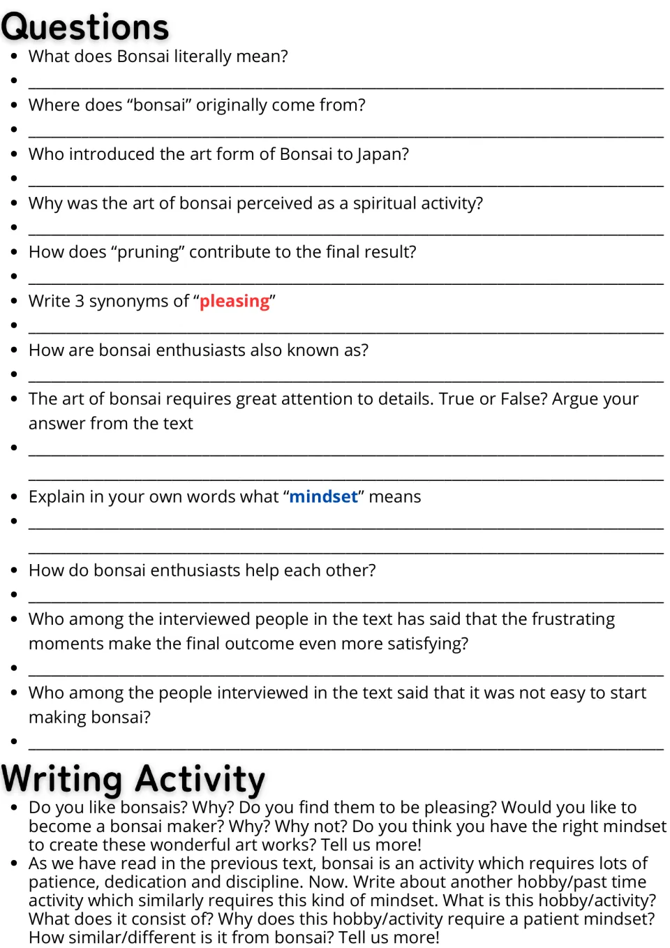 Bonsai questions: 12 comprehension and vocabulary items, then two writing prompts on liking bonsai and another patient hobby