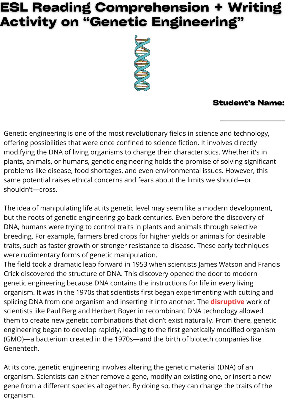 Genetic engineering reading, part 1: students read about selective breeding, the 1953 DNA discovery and recombinant DNA