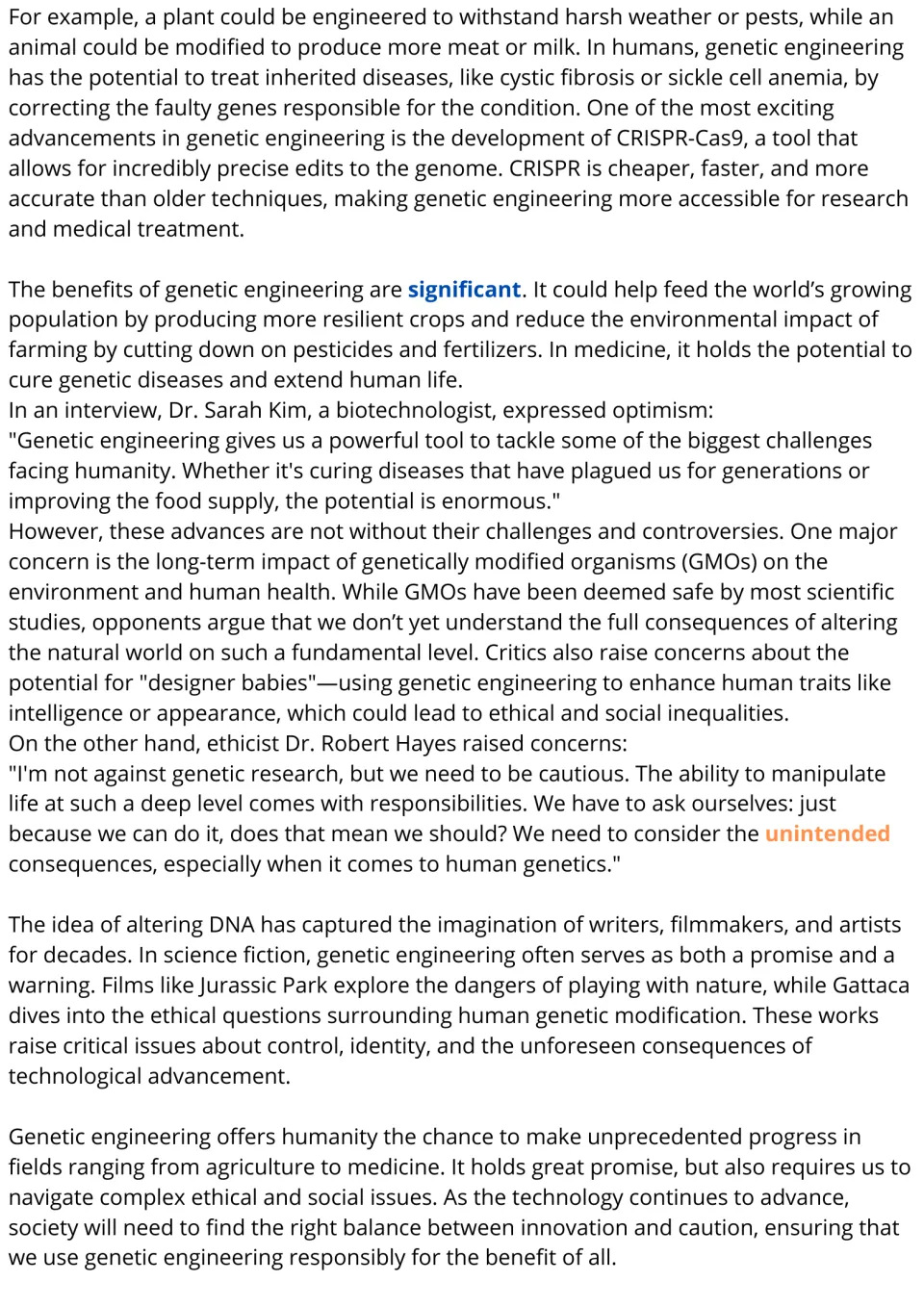 Genetic engineering text, part 2: students read on CRISPR, benefits, expert quotes for and against, and sci-fi films