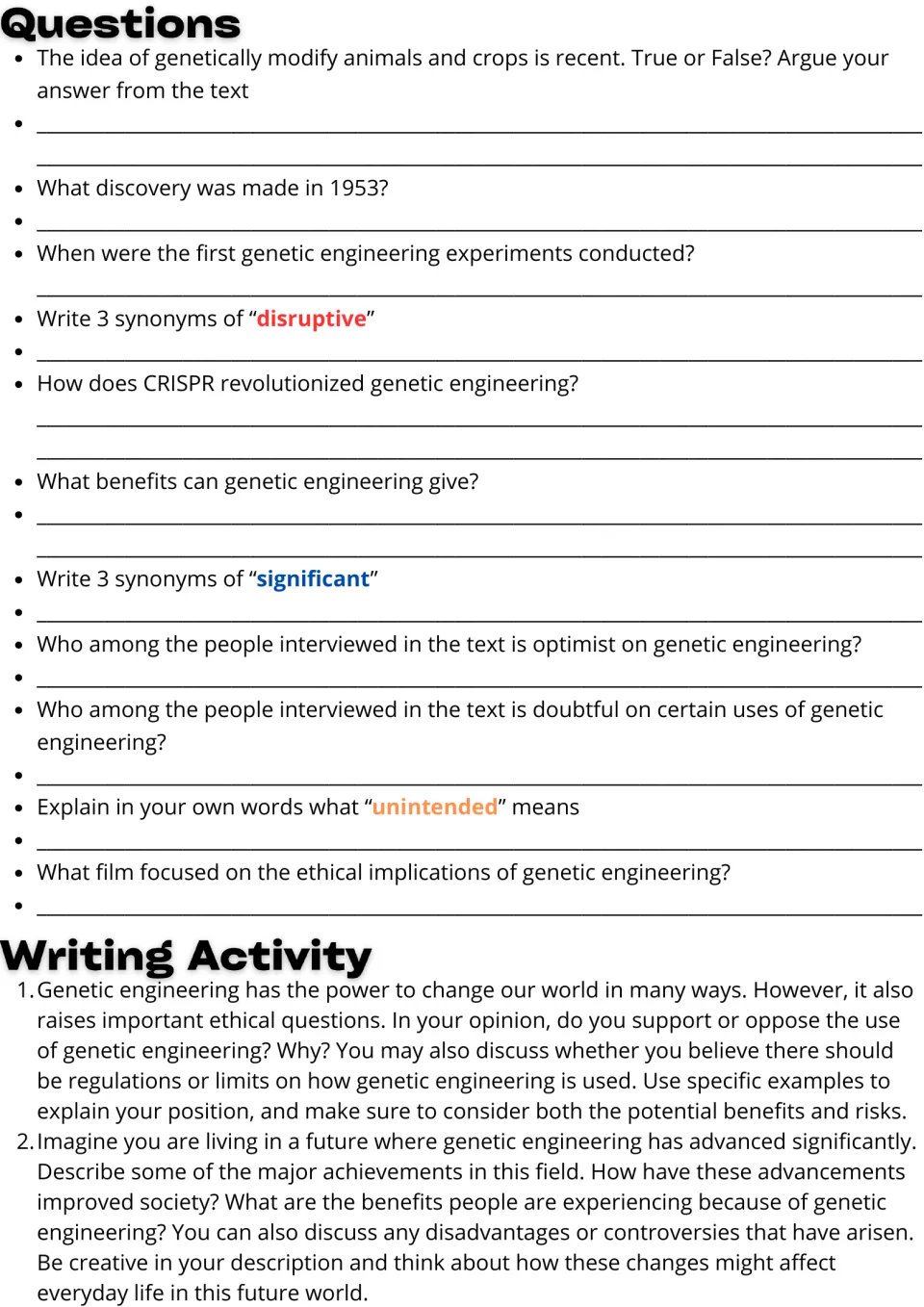 Genetic engineering questions: students answer 11 text and synonym items, then write an opinion or future-world essay