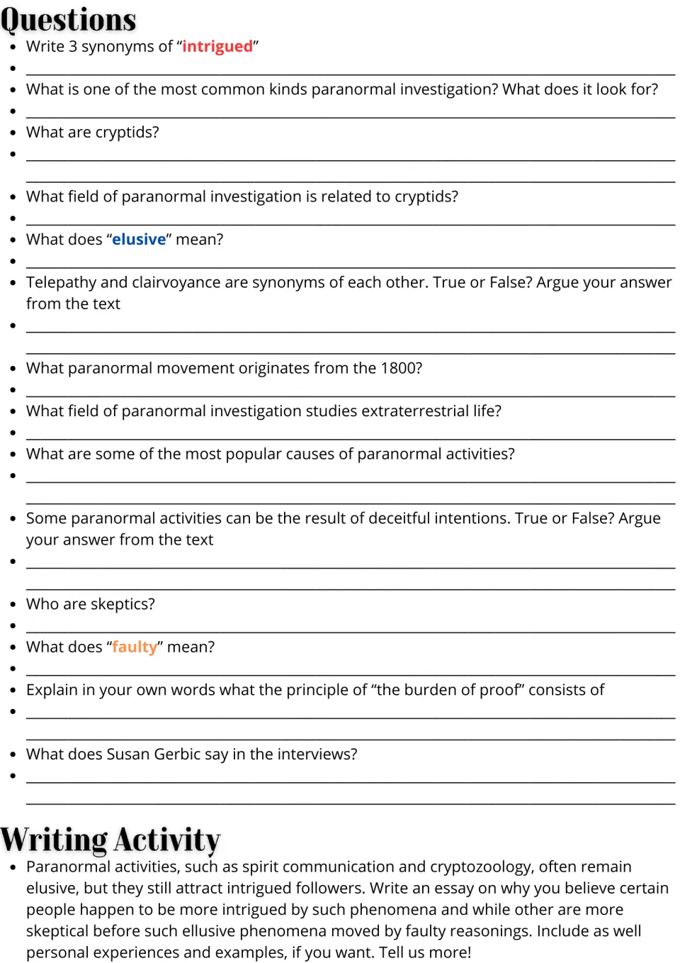 Paranormal questions: students answer 14 vocabulary and comprehension items, then write an essay on belief vs skepticism