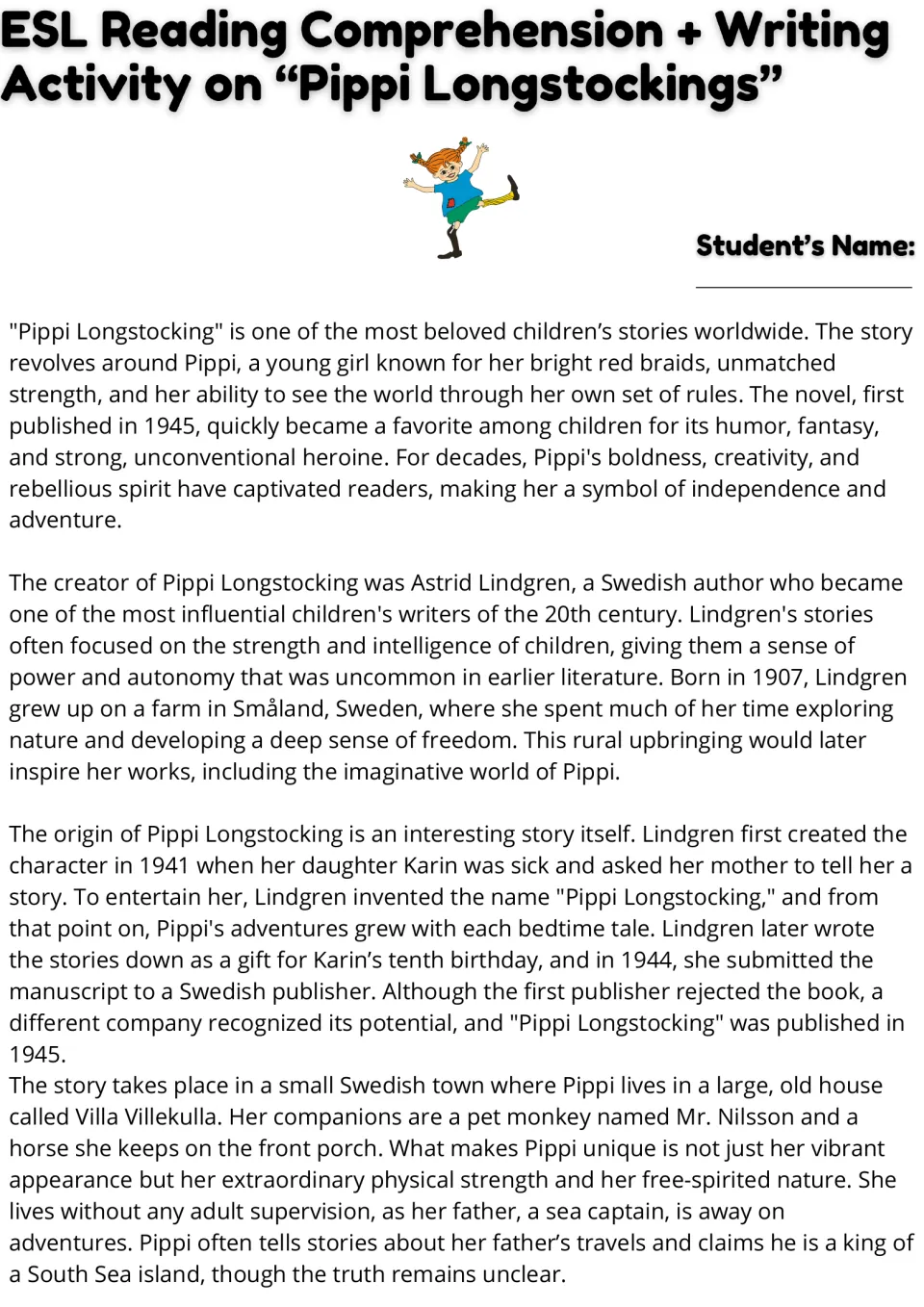 Pippi Longstocking reading passage: students read how Astrid Lindgren invented Pippi in 1941 and published her in 1945