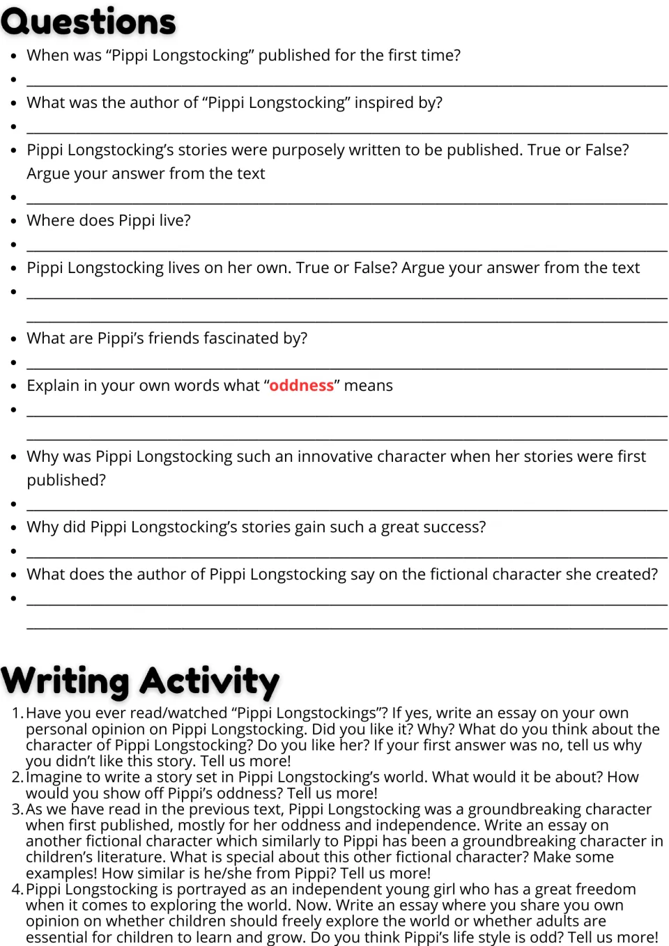 Comprehension questions: students answer 10 items, including true/false with text evidence, then pick from 4 essay prompts