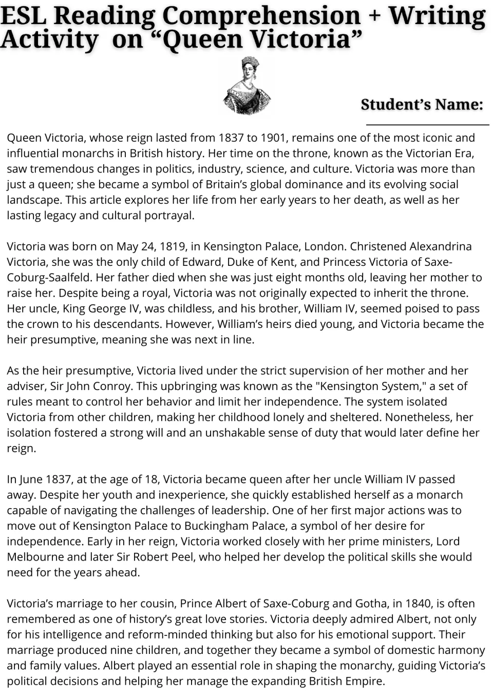 Reading passage opening: Queen Victoria's childhood, the Kensington System, accession, and marriage to Albert.