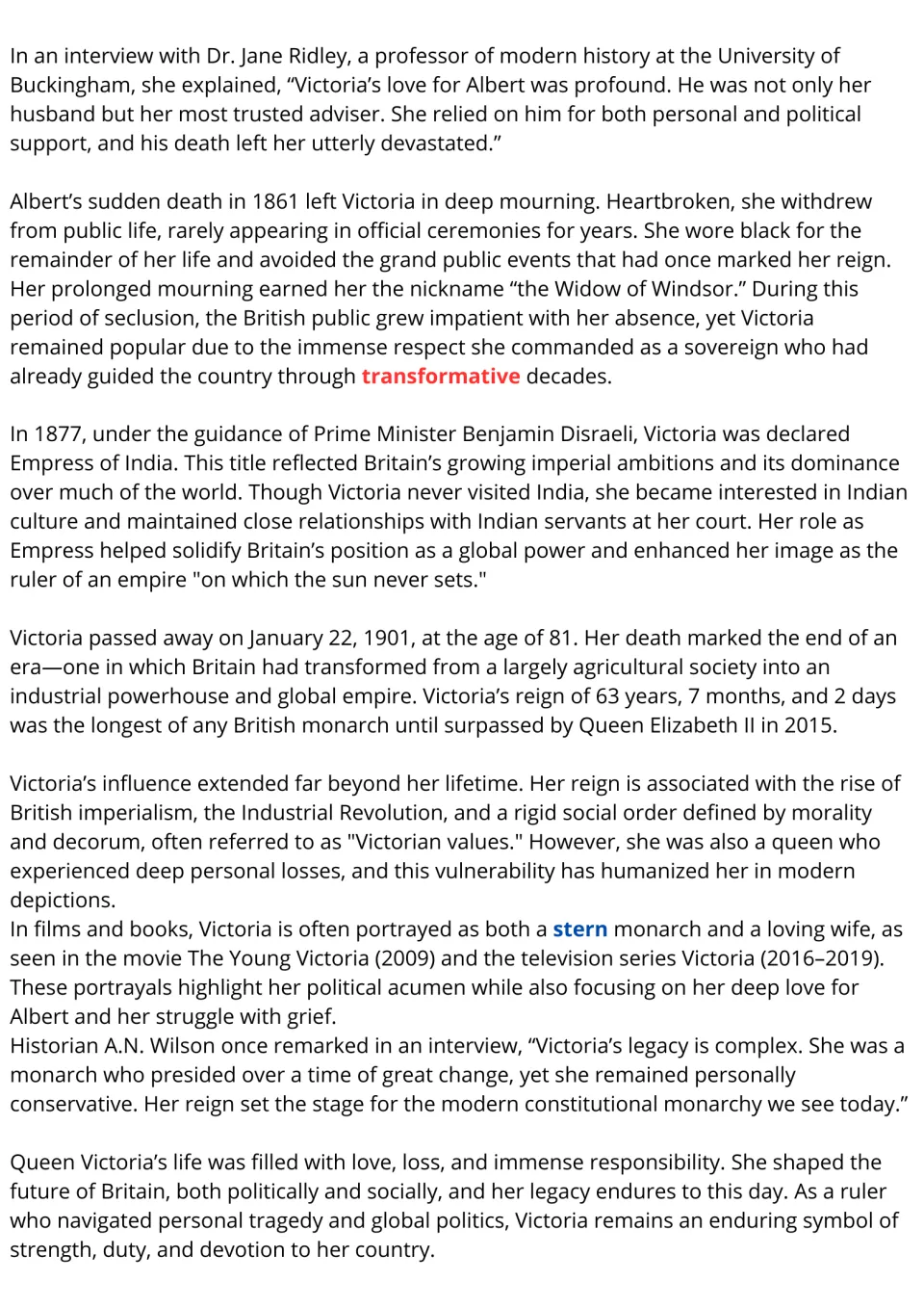 Reading passage conclusion: Albert's death, Victoria as Empress of India, and her legacy in books and film.