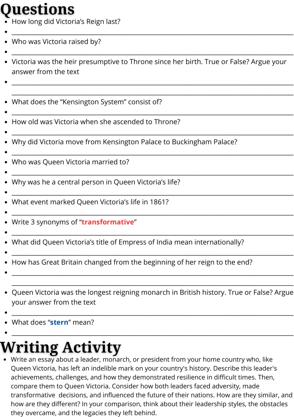 Queen Victoria follow-up: 14 comprehension and vocabulary questions plus a comparative essay about a leader.