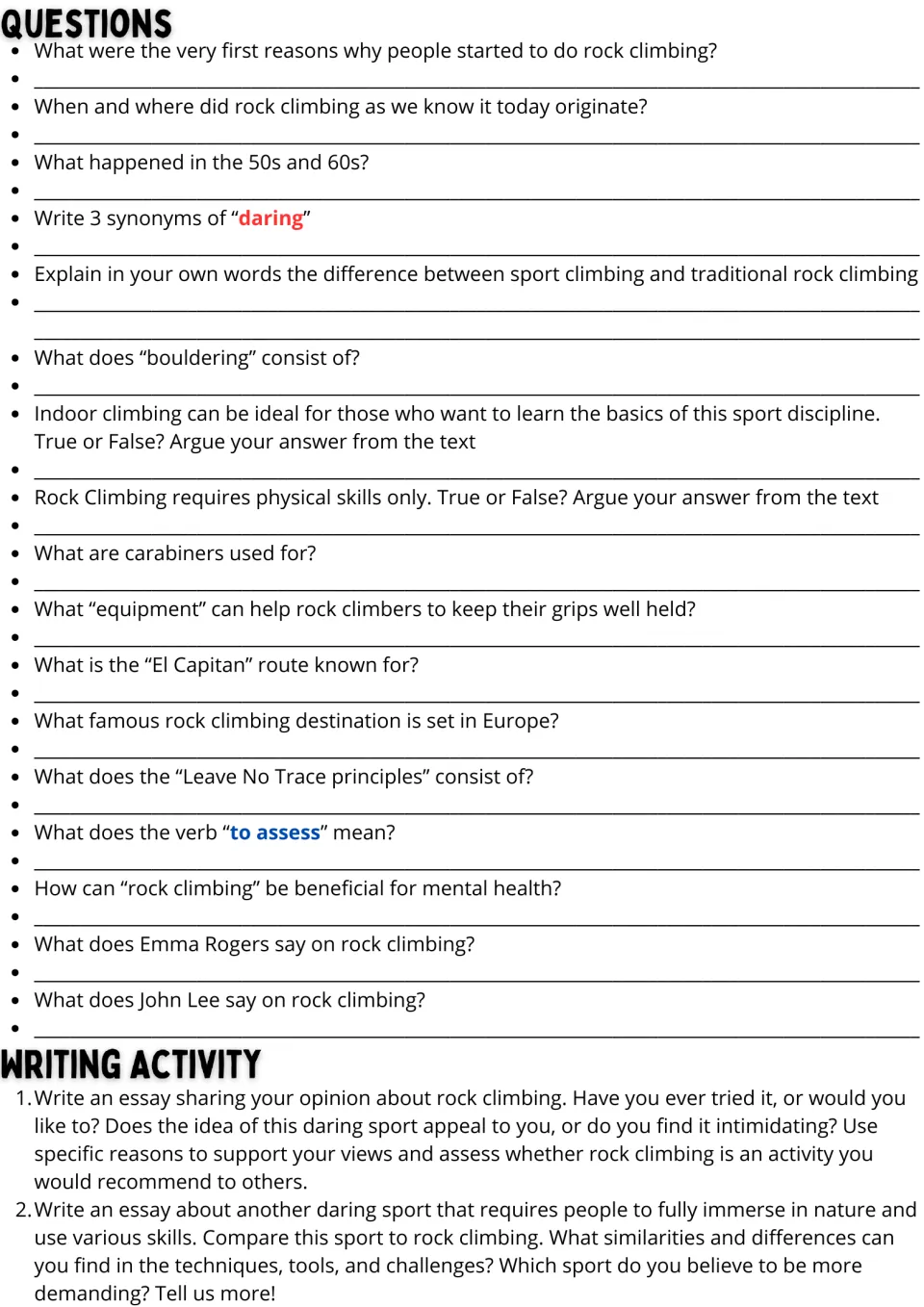 Rock climbing response page: 17 comprehension questions and two essay prompts on climbing and another sport.
