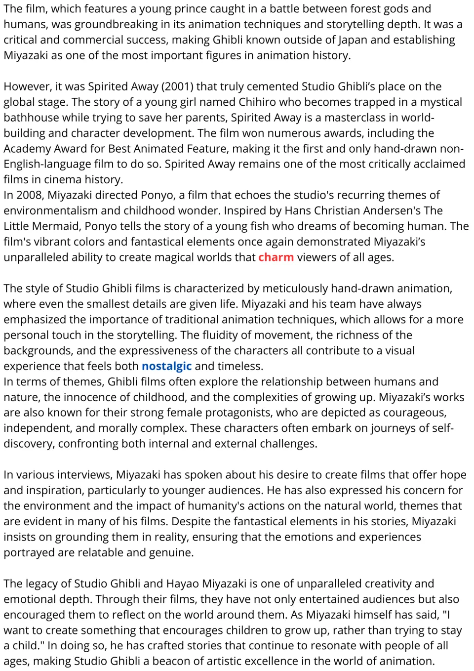 Reading passage conclusion: Spirited Away, Ponyo, hand-drawn animation, themes, and Miyazaki's legacy.
