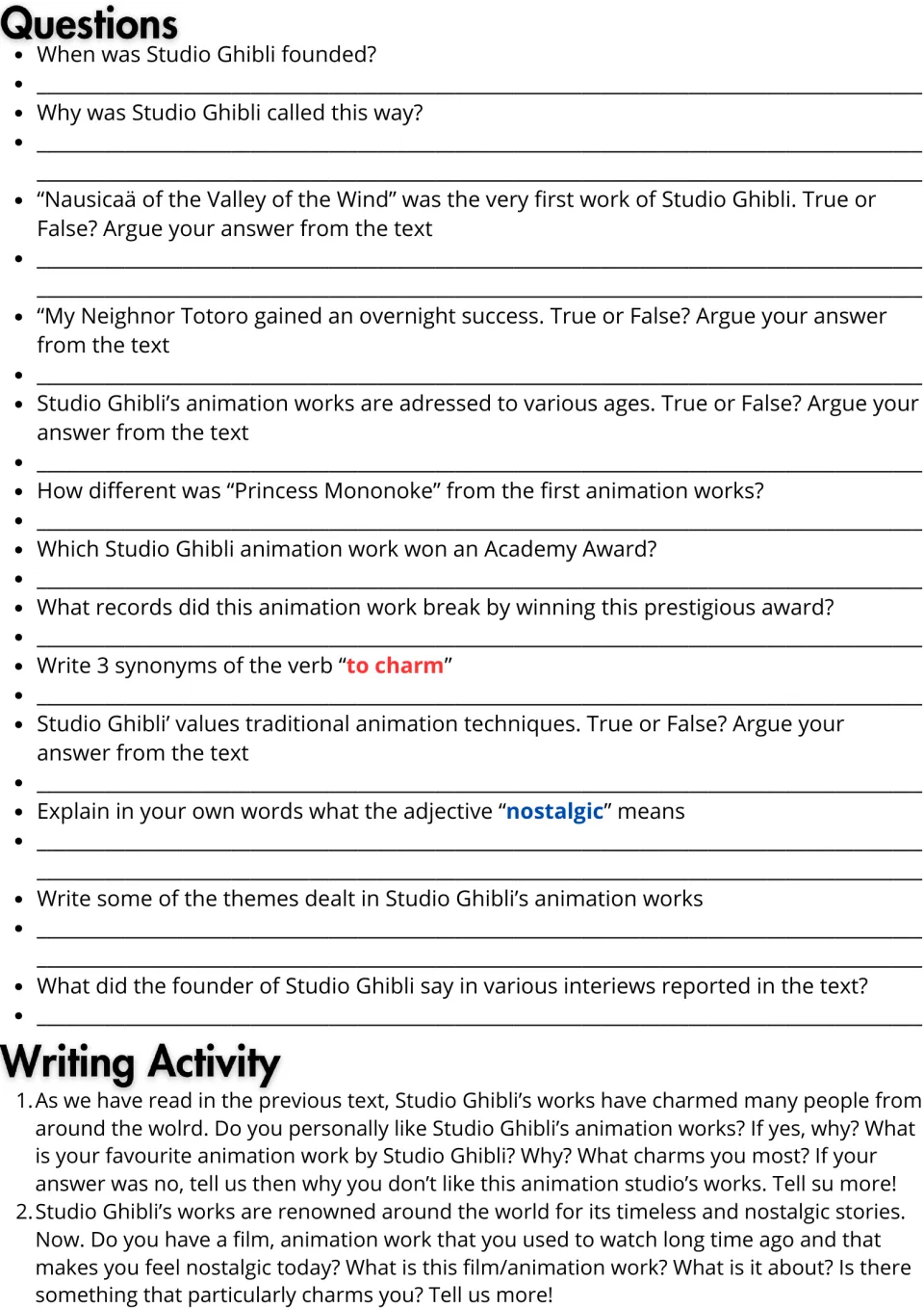 Reading follow-up: 13 comprehension questions and two essay prompts on Ghibli preferences and nostalgic films.