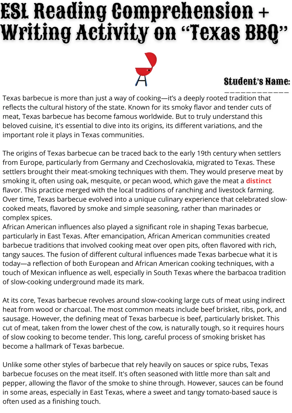 Reading passage opening: Texas barbecue's cultural origins, smoking methods, brisket, and seasoning.