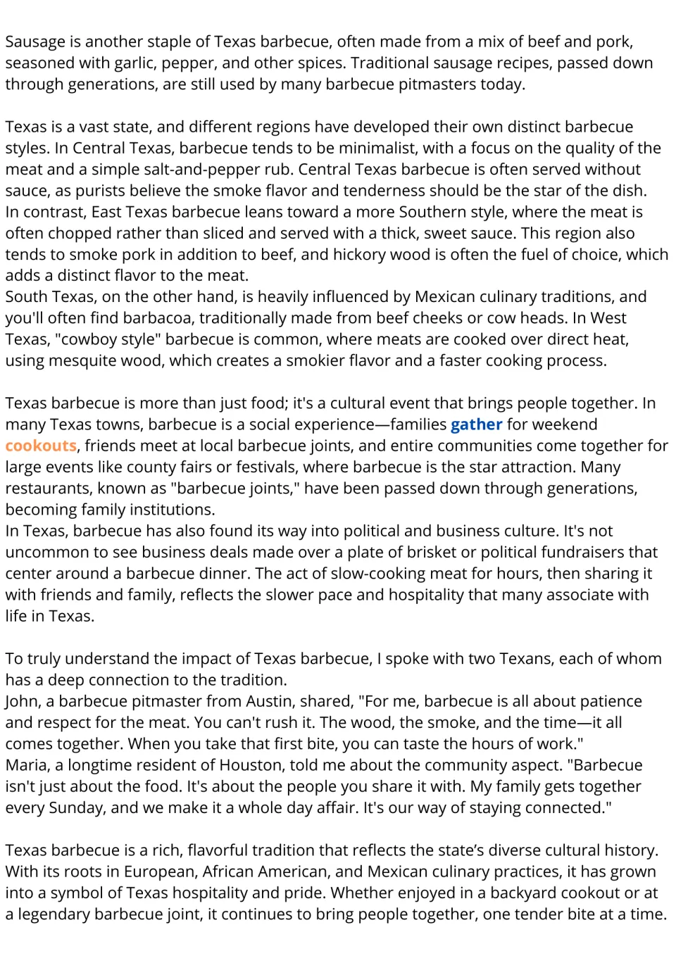 Reading passage continuation: regional Texas barbecue styles, community traditions, and two Texans' accounts.