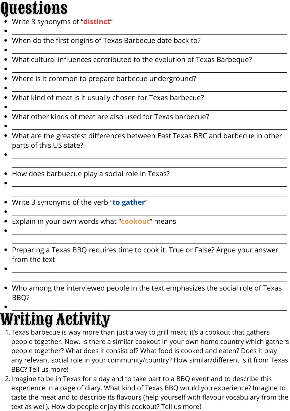 Reading follow-up: 12 comprehension and vocabulary questions plus home-country cookout and Texas diary prompts.