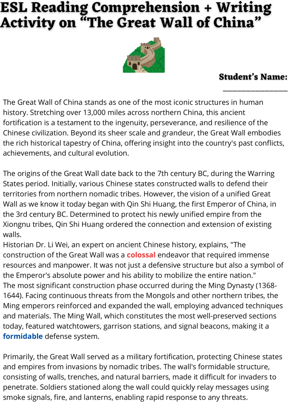 Great Wall of China reading, part 1: students read about Qin Shi Huang, Ming Dynasty expansion and military defense