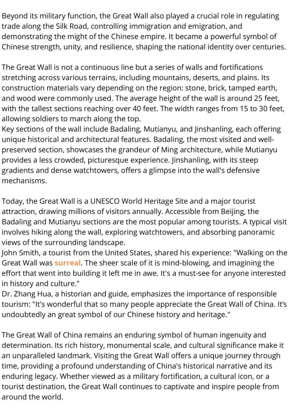 Great Wall reading, part 2: students read about Silk Road trade, wall materials and size, key sections and tourist quotes