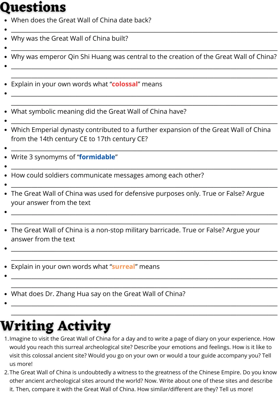 Great Wall questions: students answer 12 comprehension and vocabulary items, then write a diary or comparison essay