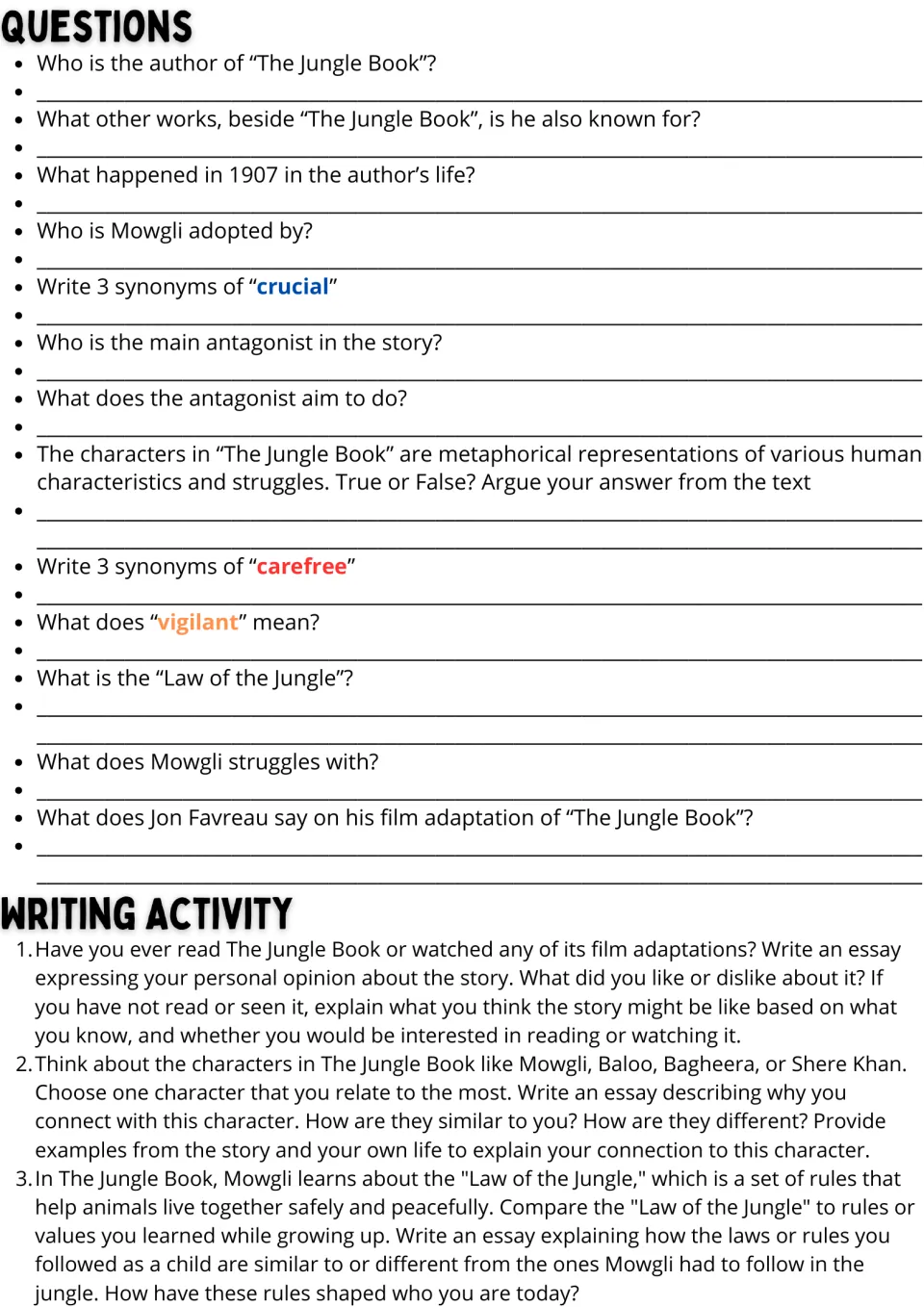 Reading response tasks: 13 comprehension and vocabulary questions followed by three personal essay prompts.