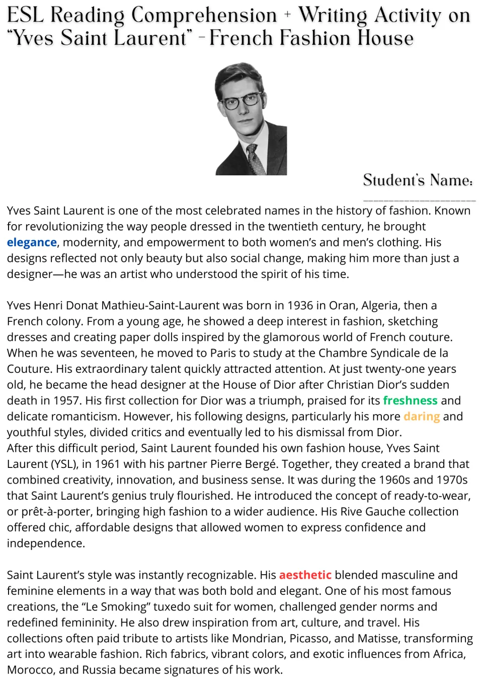 Opening ESL reading passage on Yves Saint Laurent's childhood, Dior career, fashion house, and design style.