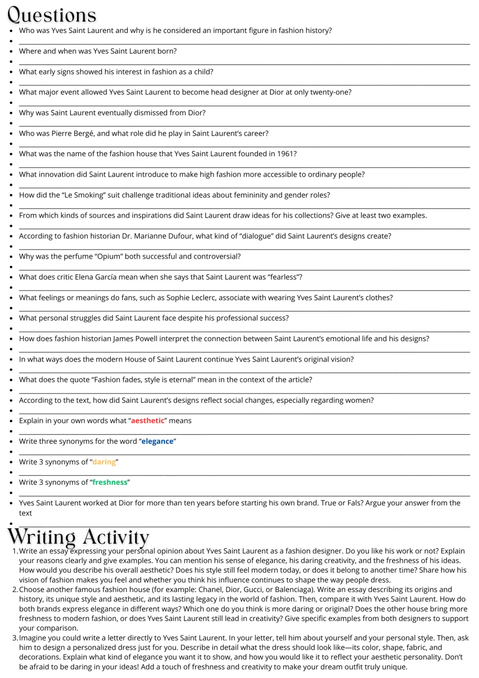 24 reading and vocabulary questions about Yves Saint Laurent, plus three essay and letter writing prompts.