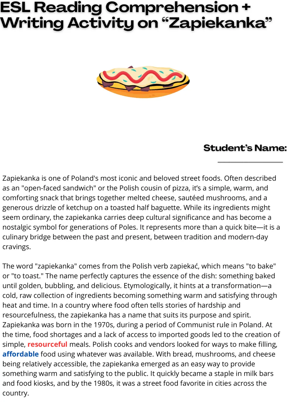 ESL reading passage, part 1: zapiekanka's ingredients, name origin, and beginnings in 1970s Poland.