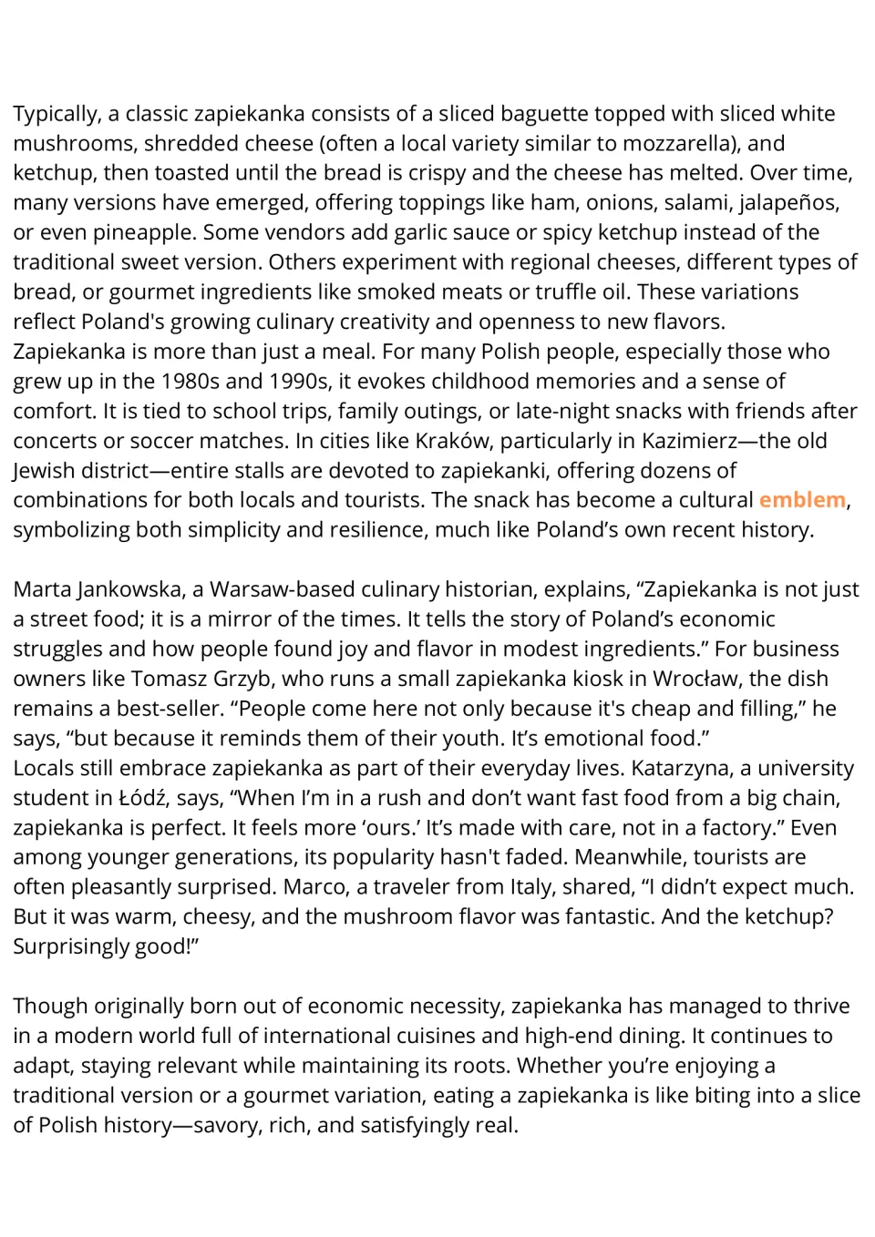 ESL reading passage, part 2: zapiekanka toppings, Polish cultural significance, and local and tourist views.