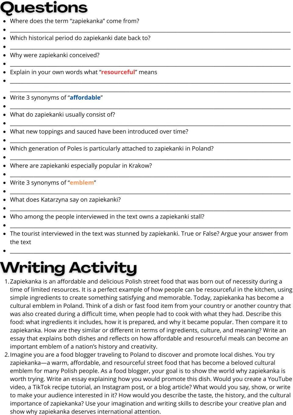 Zapiekanka follow-up: 13 comprehension and vocabulary questions plus food comparison and promotion essays.