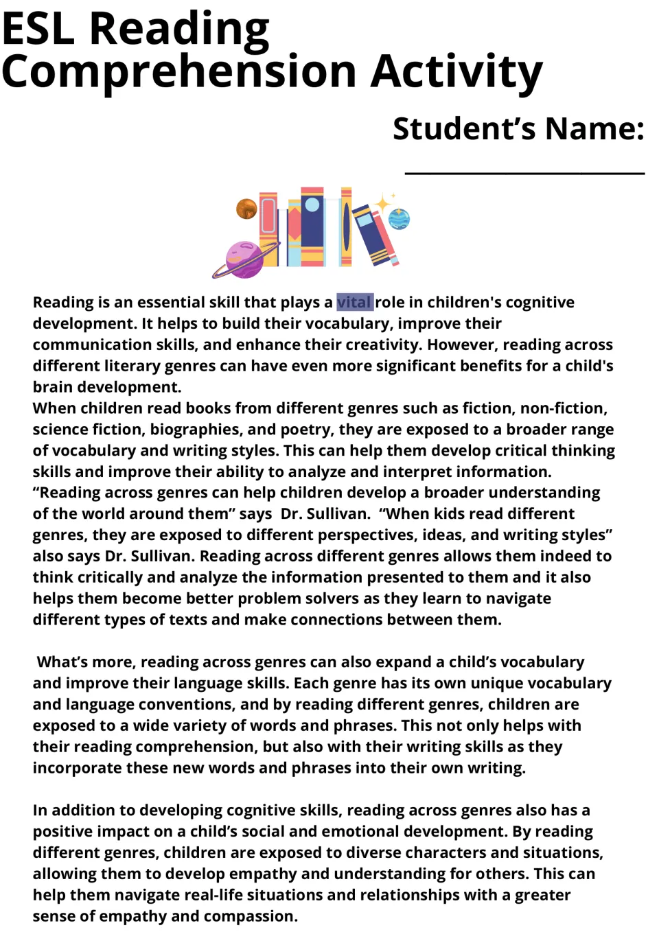 Reading across genres article: students read a passage on how fiction, biographies and poetry build vocabulary and empathy