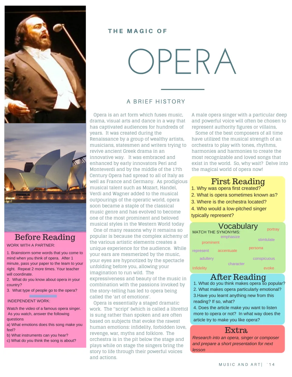 Opera reading on its history and emotional expression, with comprehension, synonym, and discussion tasks