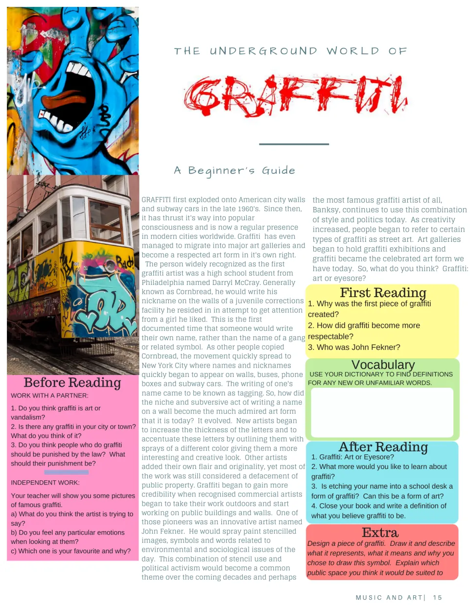 Graffiti reading tracing tagging and street art, with comprehension questions and a graffiti design task