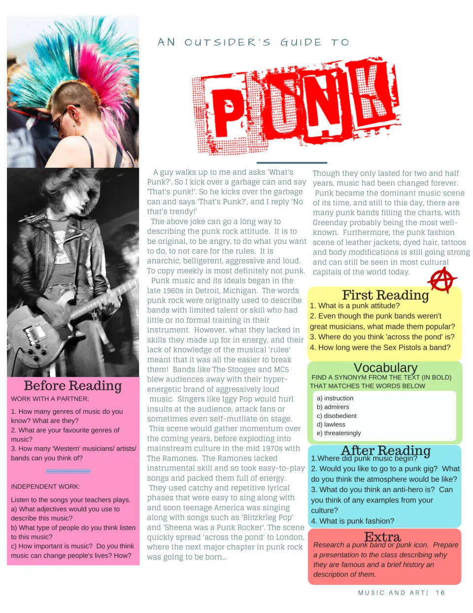 Punk reading exploring music, rebellion, and fashion, with synonym practice and a band research task