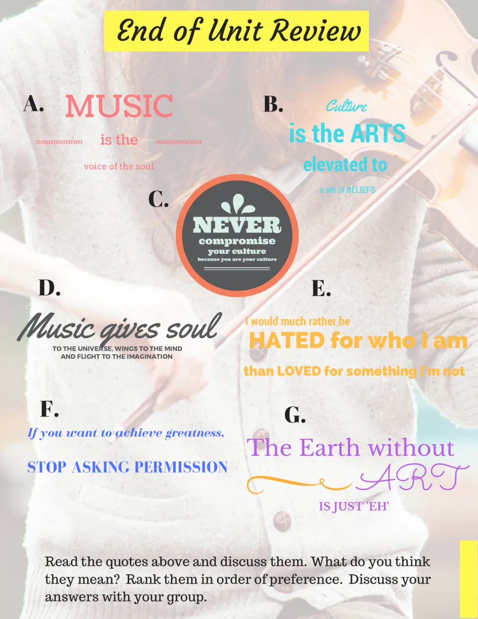 Unit review presents seven quotes about music, art, culture, and identity for discussion and ranking