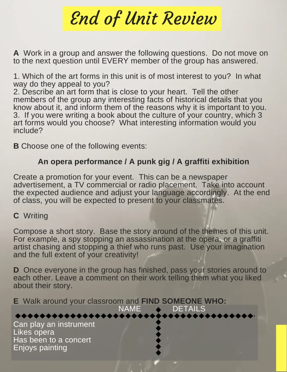 Unit review combines cultural discussion, event promotion, story writing, peer comments, and a class survey