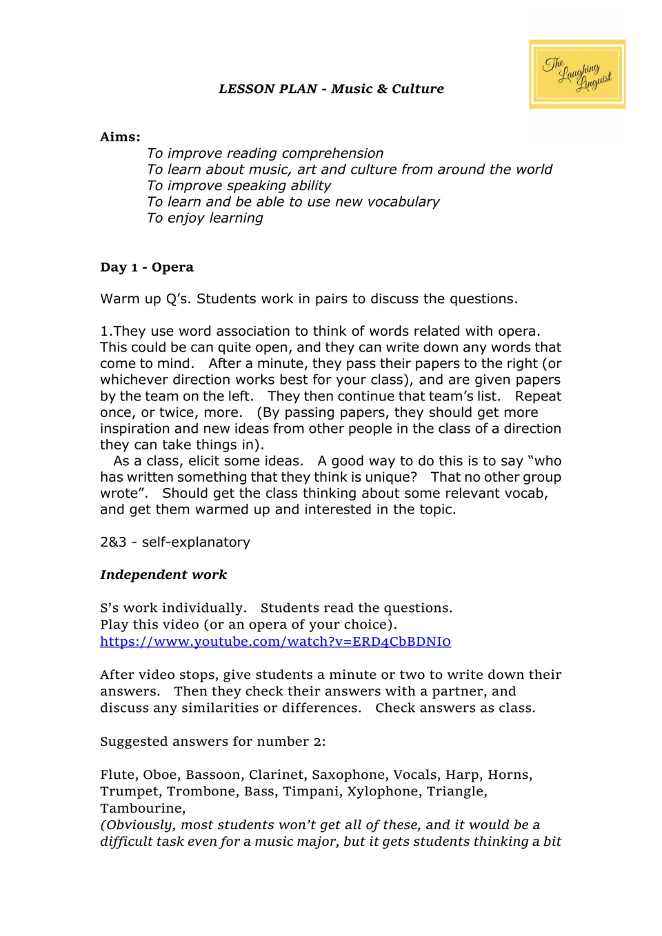 Opera lesson plan lists unit aims, partner warm-ups, video listening steps, and suggested instrument answers