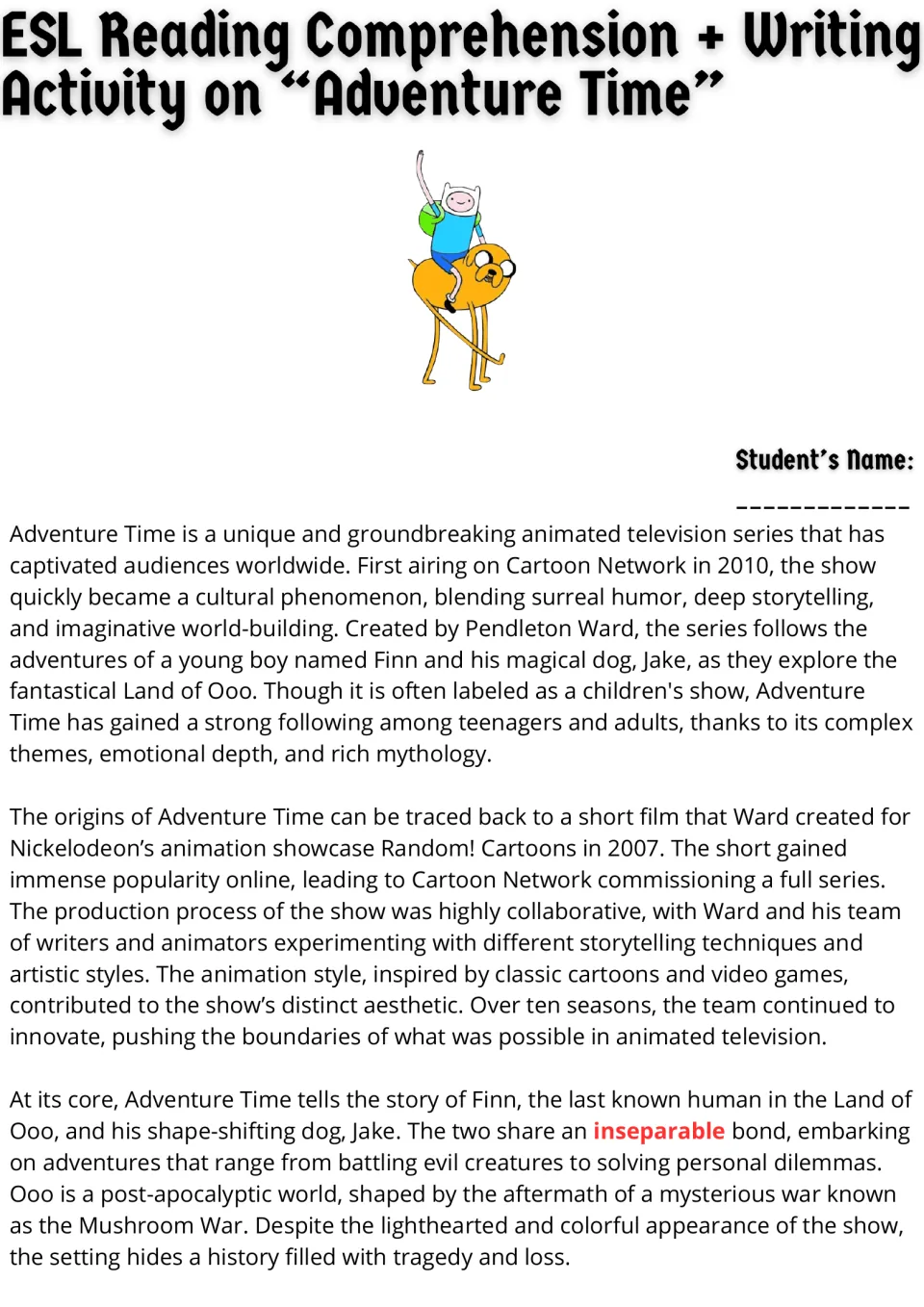 Opening ESL reading passage on Adventure Time: its origins, animation style, Finn, Jake, and the Land of Ooo.