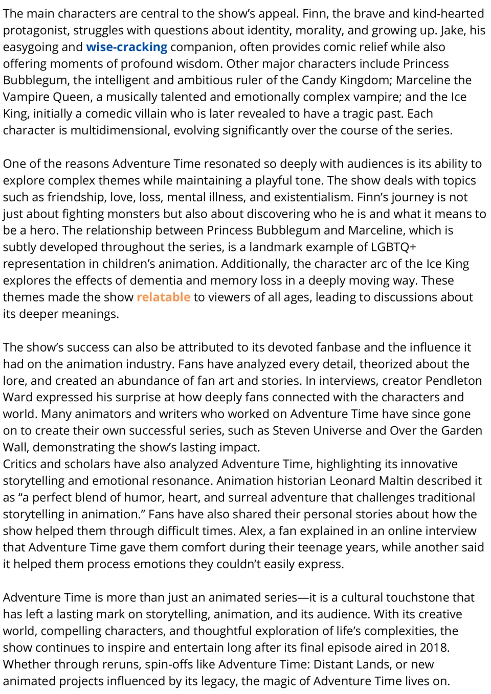 ESL reading passage continued: characters, friendship, identity, fan reactions, and the show's legacy.