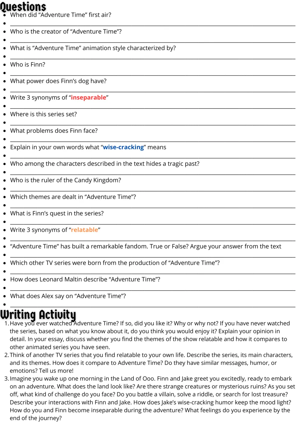 Reading response page: 18 questions and three essay prompts on viewing opinions, TV comparisons, and Ooo.