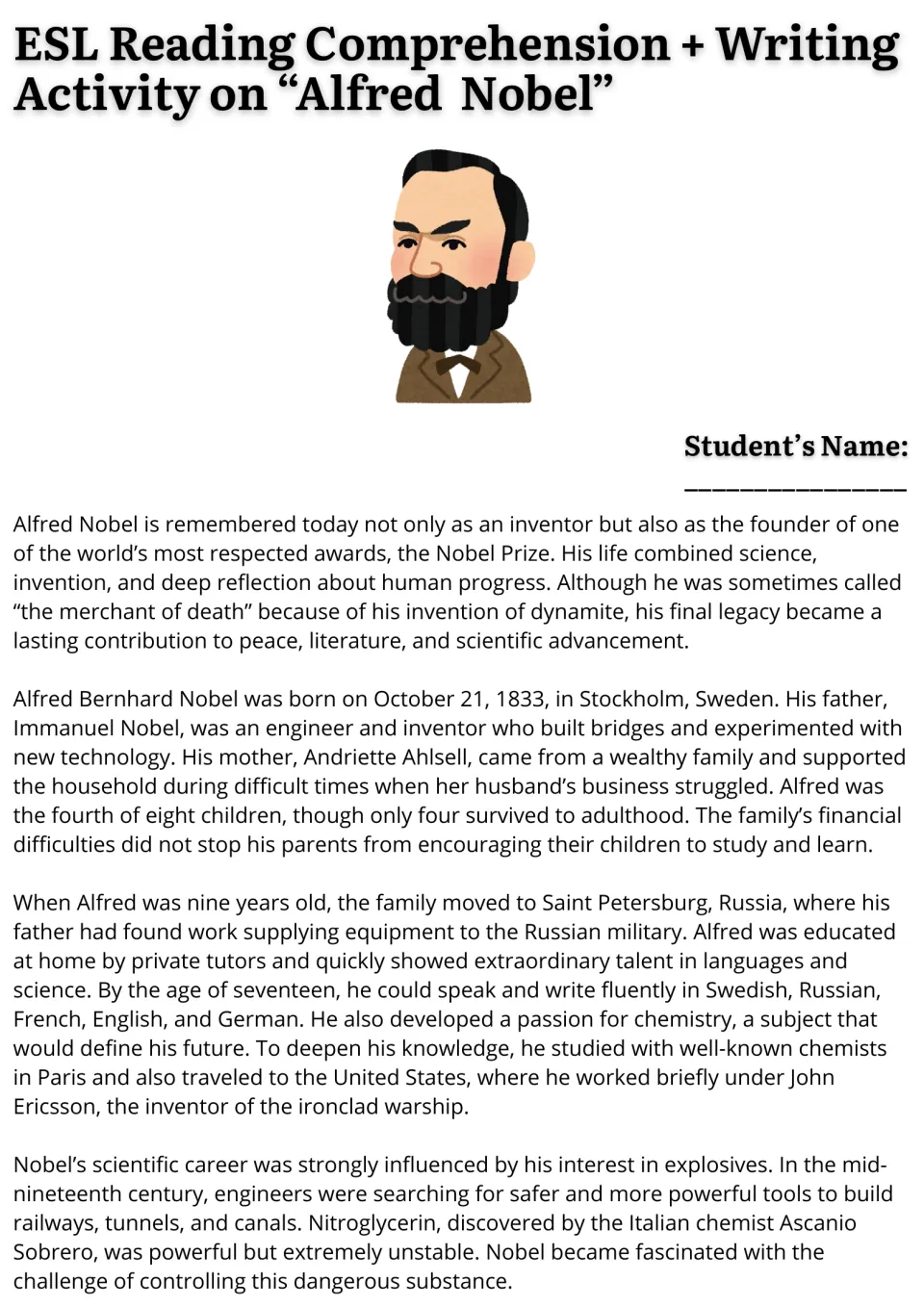 Alfred Nobel biography, part 1: students read about his 1833 birth in Stockholm, his schooling and early chemistry work