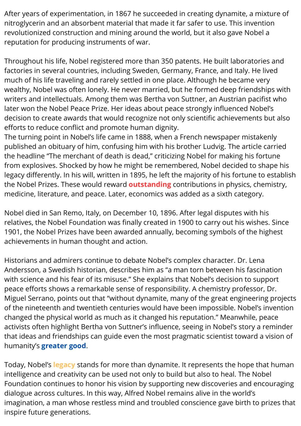 Alfred Nobel reading, part 2: dynamite, the 1888 false obituary, his will and the Nobel Prizes, with key words in color
