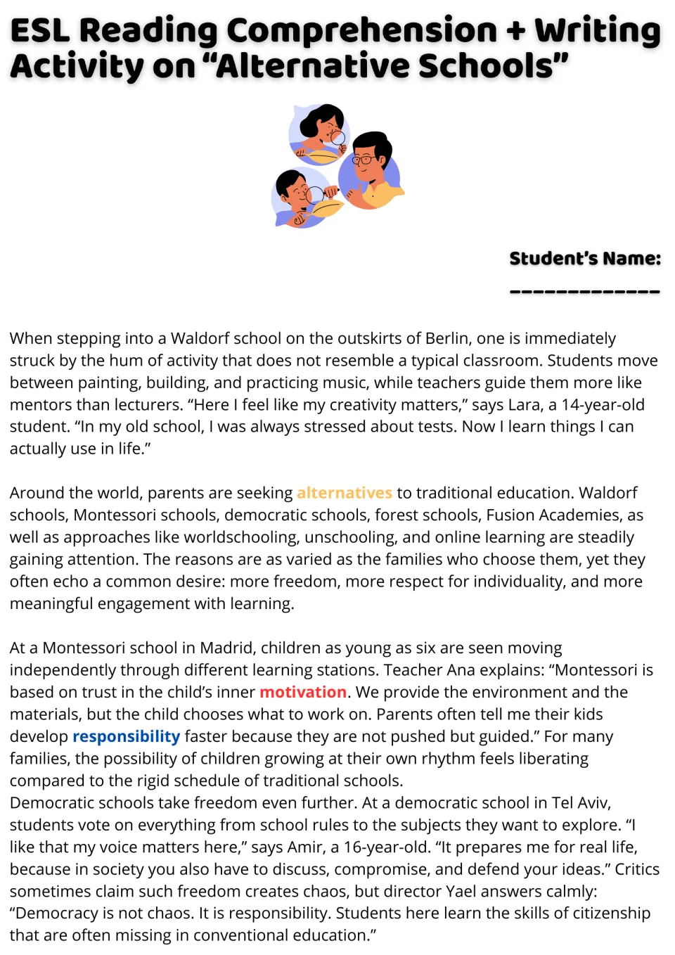 Alternative schools article, part 1: students read about Waldorf, Montessori and democratic schools in three cities