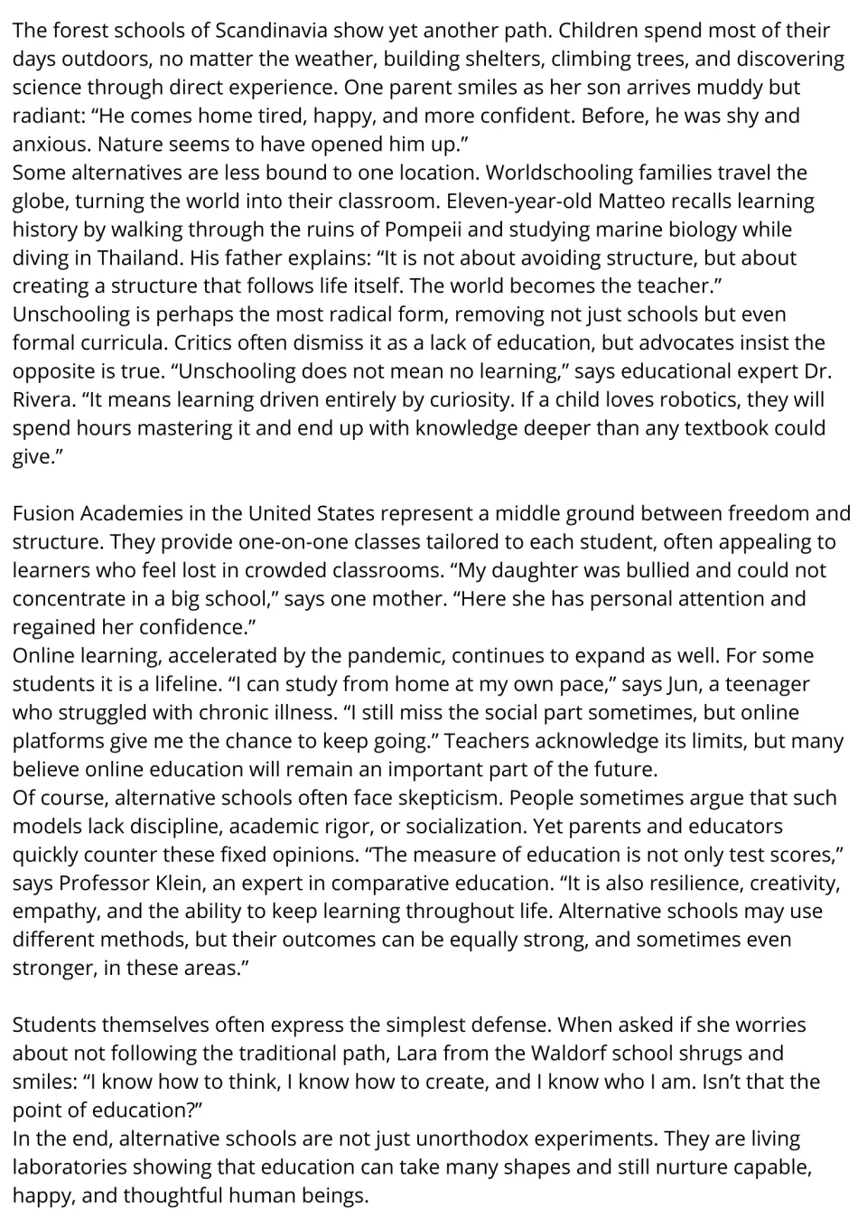 Article part 2: students read about forest schools, worldschooling, unschooling, Fusion Academies and online learning