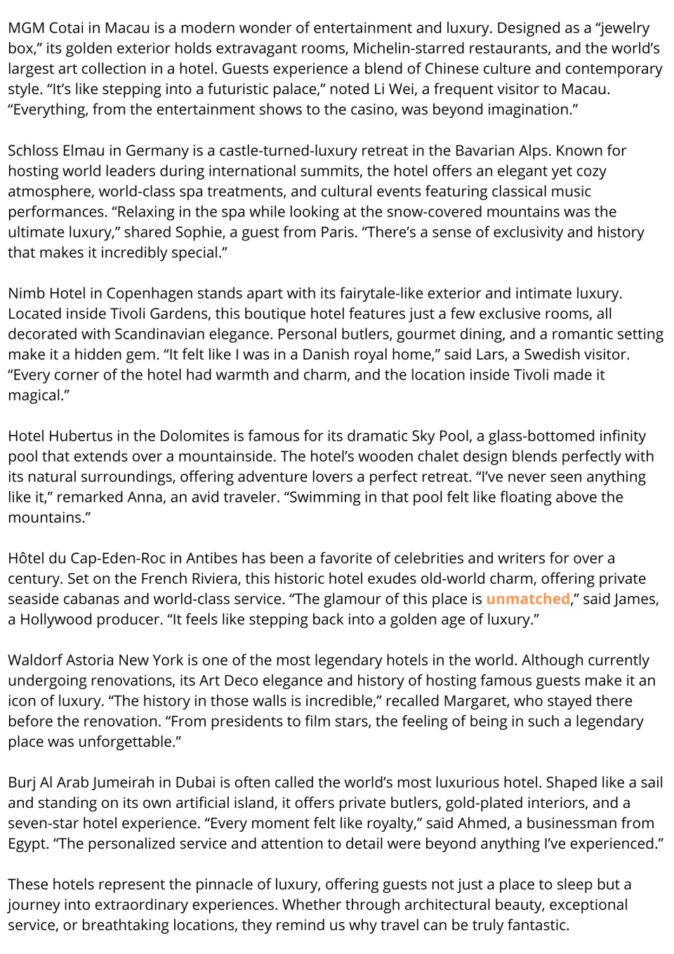 ESL reading passage conclusion: seven more hotels, including MGM Cotai, Nimb Hotel, and Burj Al Arab Jumeirah.