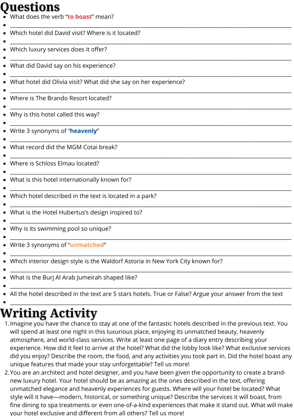 Reading follow-up: 18 comprehension and vocabulary questions plus diary and hotel design writing prompts.