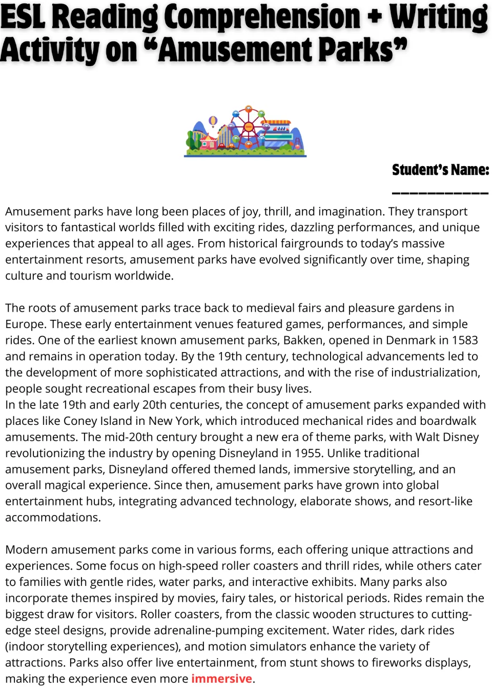 Amusement parks reading passage: students read about park history from Bakken in 1583 to Coney Island and Disneyland