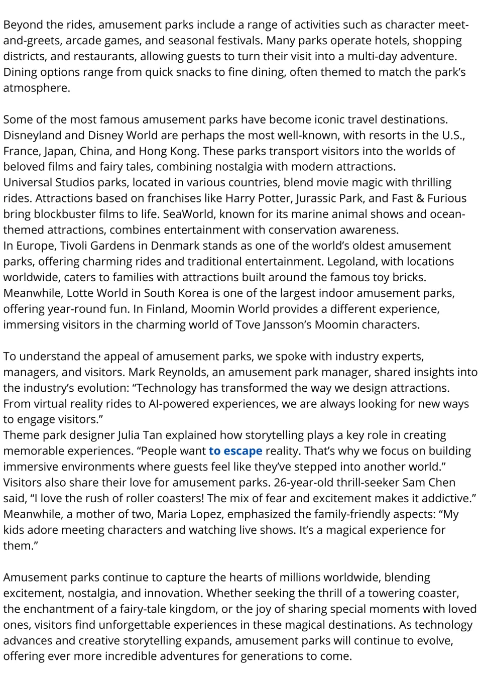 Amusement parks passage continued: famous parks like Disney, Universal, Tivoli and Lotte World plus interview quotes