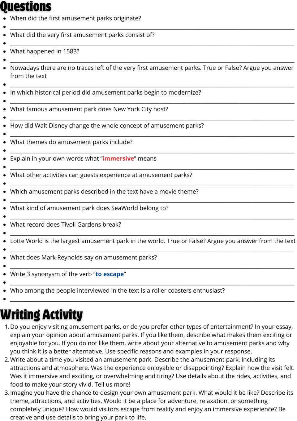 Questions on the amusement parks text, including true/false and synonyms, then a choice of 3 opinion or narrative essays