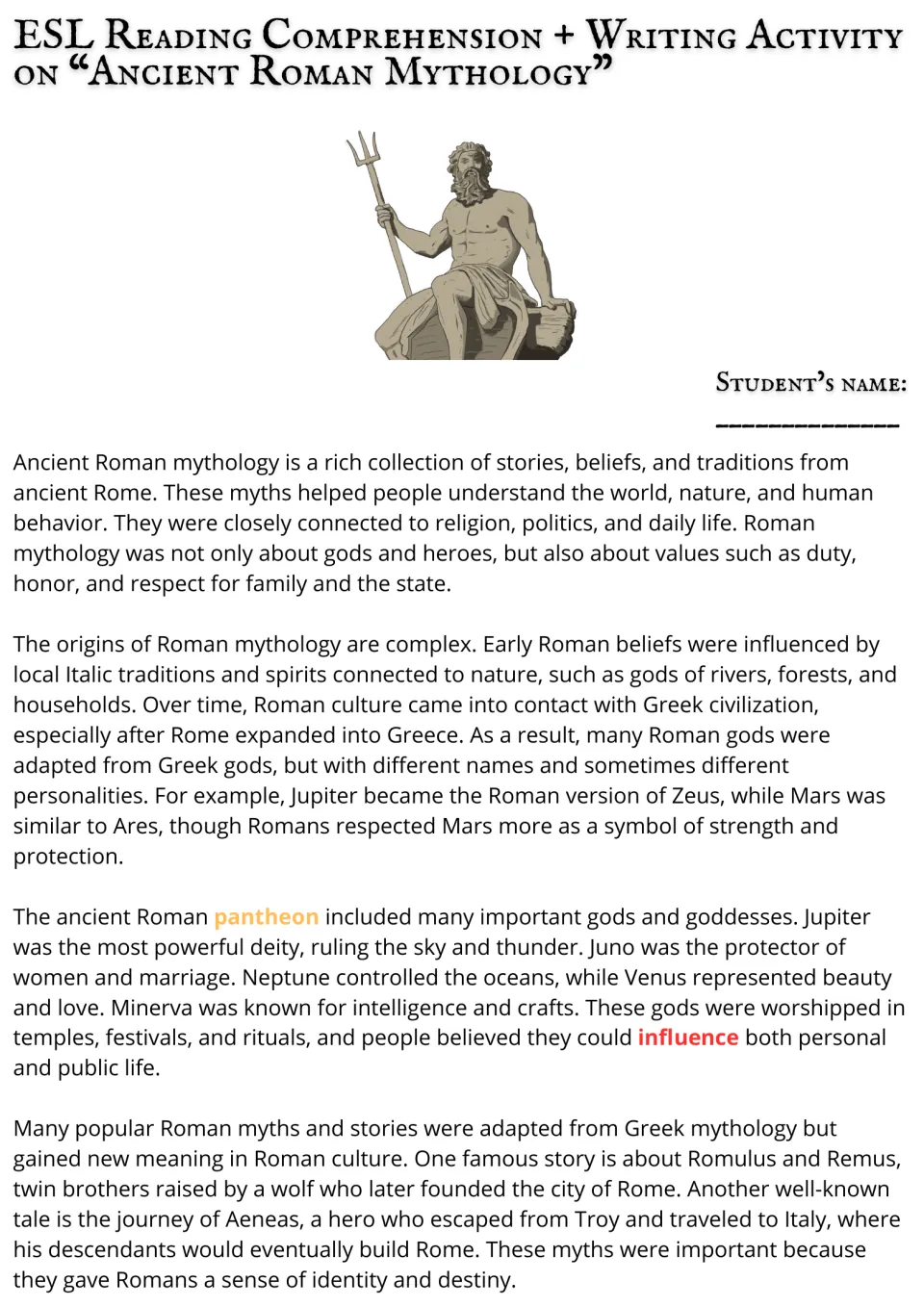 Reading passage opening on Roman mythology: origins, gods, Romulus and Remus, and the journey of Aeneas.