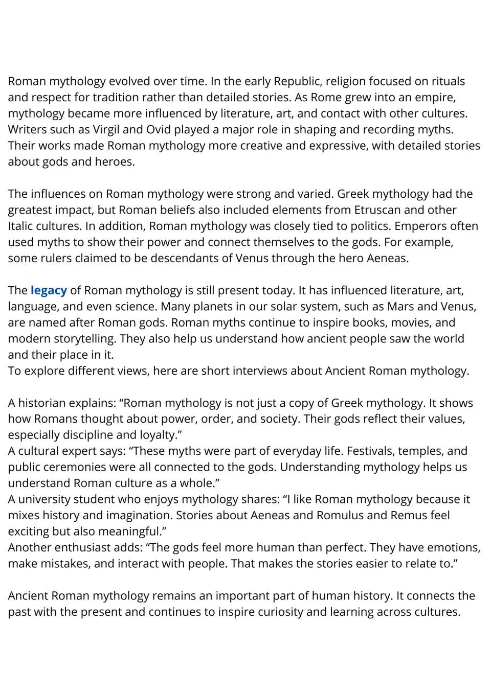 Roman mythology passage continued: historical changes, cultural influences, modern legacy, and interviews.