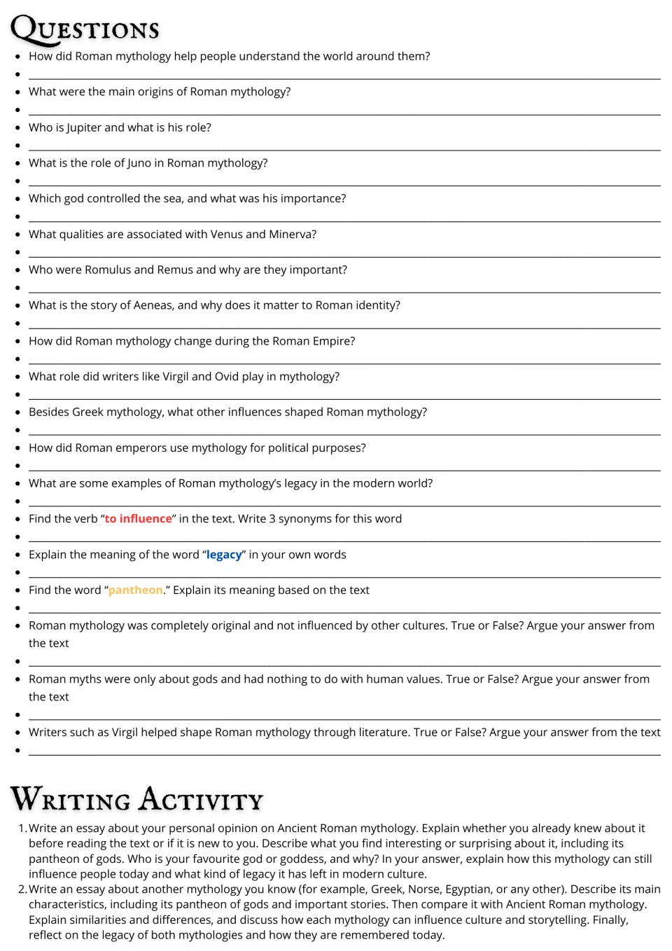 Roman mythology follow-up: 19 comprehension and vocabulary questions plus two essay prompts on mythology.