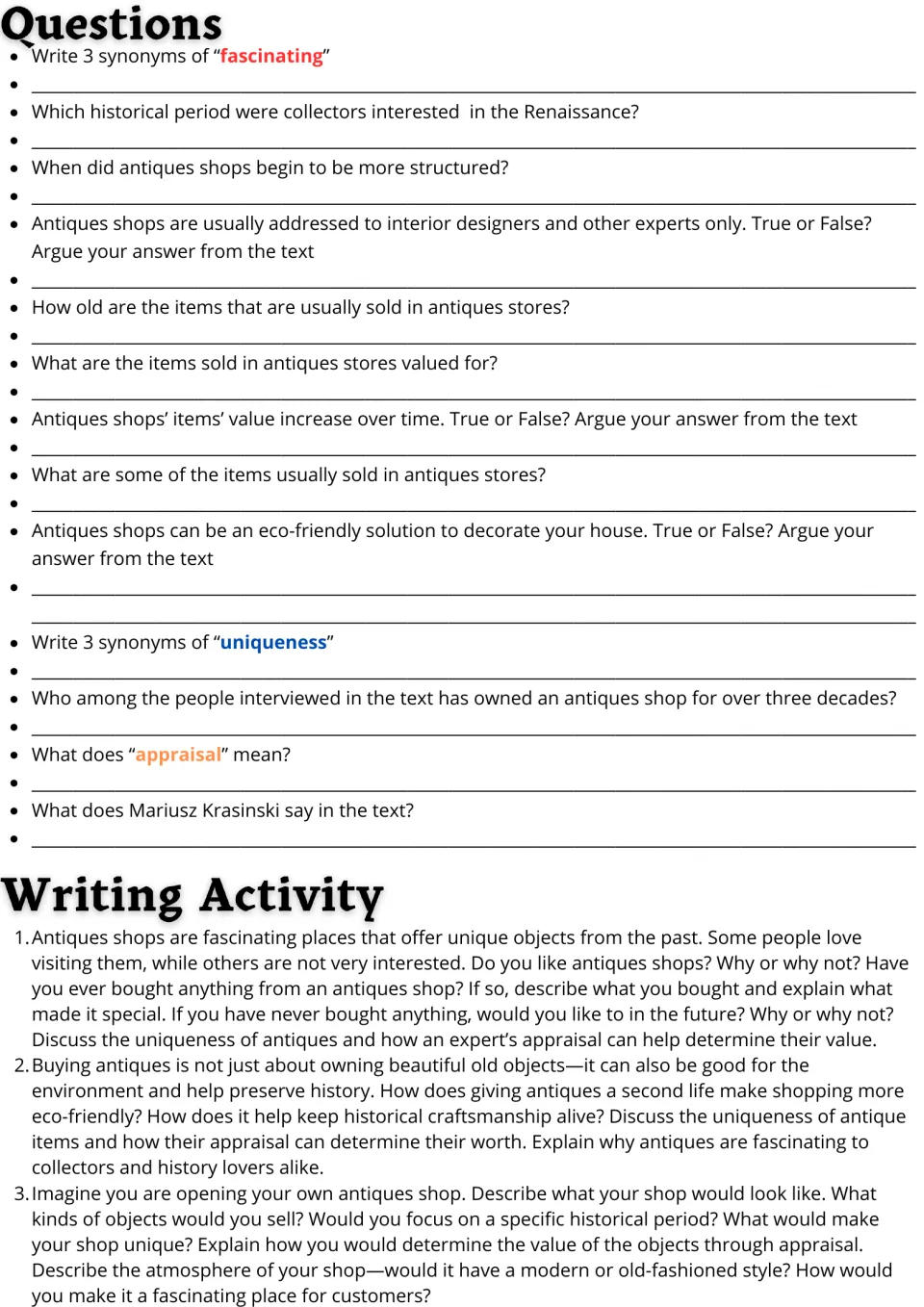 Antiques comprehension: 13 questions incl. synonyms and true/false with text evidence, plus 3 writing prompts