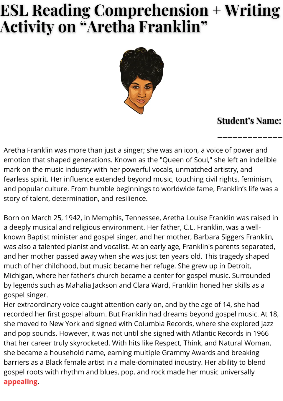 Aretha Franklin reading passage, part 1: students read about her Memphis birth, gospel roots and rise at Atlantic Records