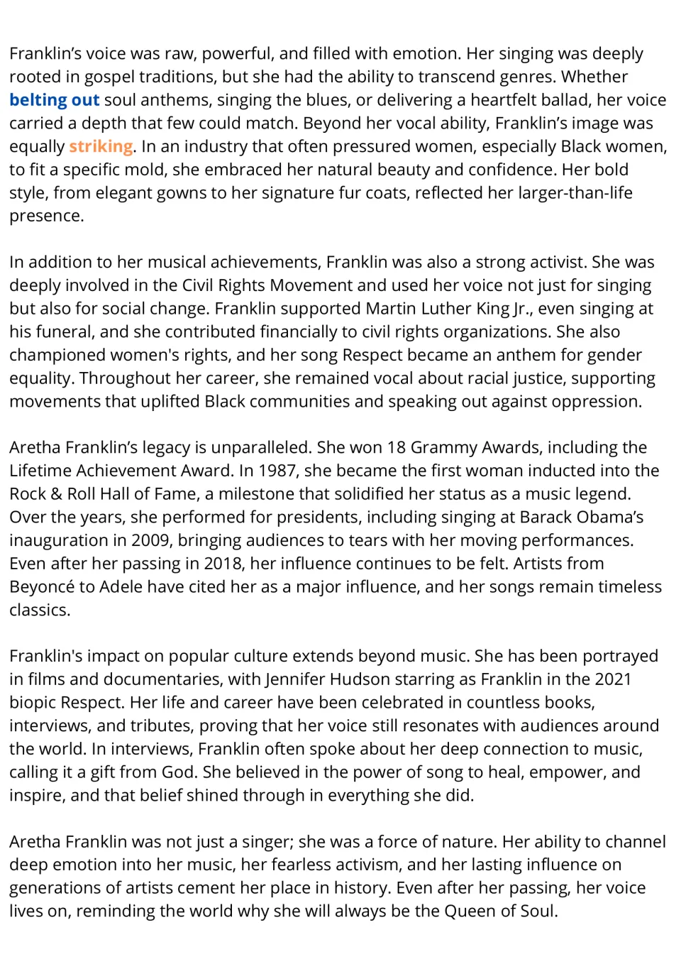 Aretha Franklin reading passage, part 2: students read about her singing style, civil rights activism and 18 Grammy wins